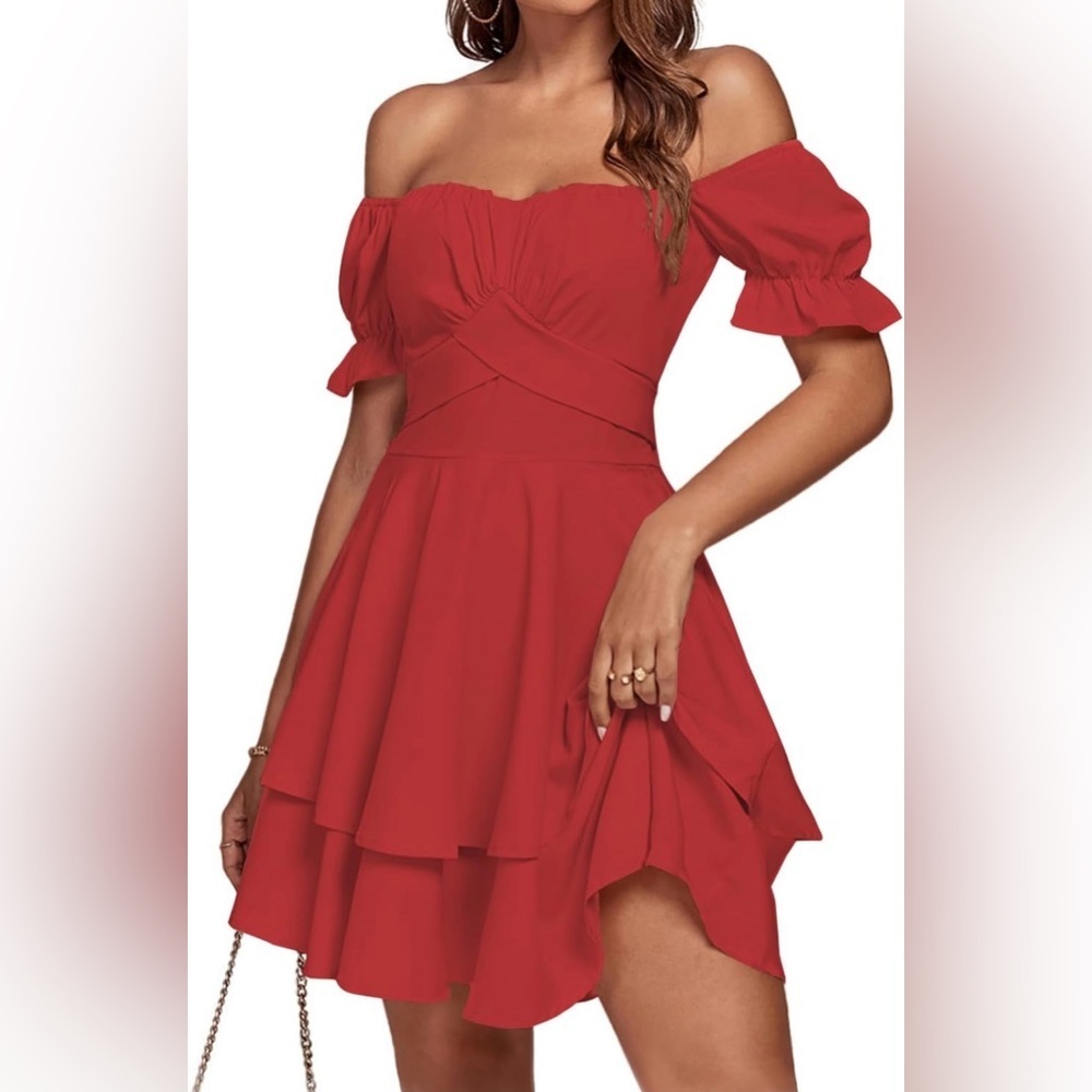 LYANER Women's Tie Back Off Shoulder Wrap Layer Ruffle Short Sleeve Mini PLUS